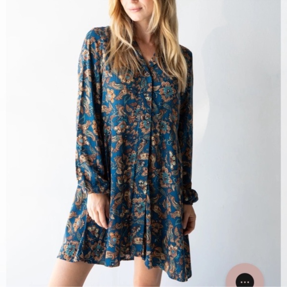 NATURAL LIFE Ansley Paisley Blue and Brown Long Sleeve Dress size small